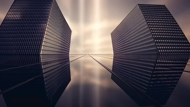 Two dark, reflective, geometric buildings stand opposite each other, mirrored in the wet ground between them