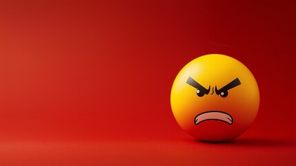 Yellow angry emoji ball on bold red background expressing frustration, rage and emotion in a minimal cartoon graphic concept, Generative AI