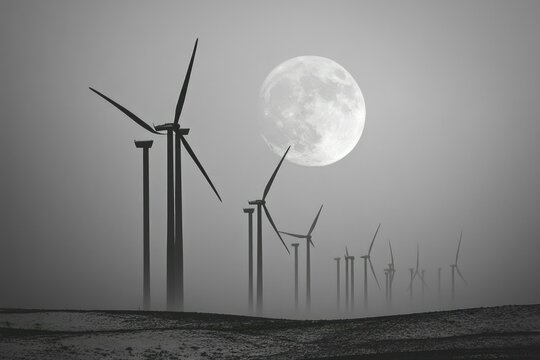 Wind turbines stand silhouetted against a large full moon in a misty landscape, generating clean energy.
