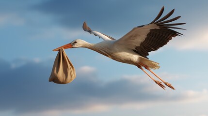 Flying stork carrying baby bundle in clear blue sky representing traditional birth symbol, folklore and the beginning of new life, Generative AI © Ben