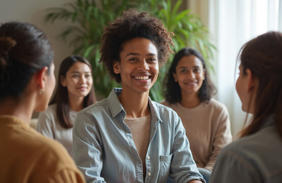 Diverse group therapy session with young mixed race woman smiling at camera. Women share experiences during support group. Mental health, wellbeing, peer support. - Powered by Adobe