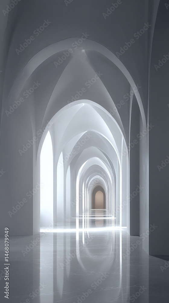 Poster light-filled hallway with arched ceiling and reflective floor, showcasing architectural design and m