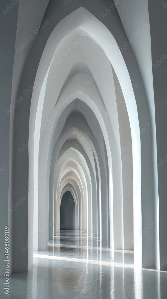 Poster long corridor with numerous arches, creating a perspective effect. the image showcases architectural