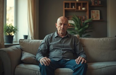 Fototapeta premium Sad disabled man sitting alone on sofa at home. Male has sad expression, feeling loneliness, despair. Solitude, social issue, depression, mental health, problems. Elderly man sitting in living room.
