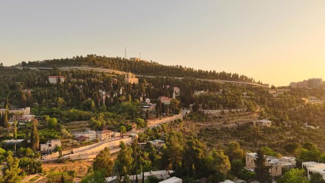 Aerial video of the Church of the Visitation during sunset at Ein Karem, Jerusalem