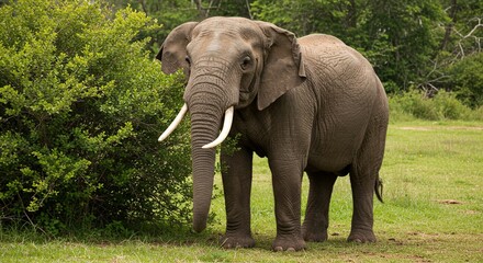 Fototapeta premium Majestic African Elephant Bull in Lush Green Savanna Habitat
