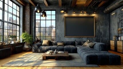 Fototapeta premium Modern Urban Living Room with Large Windows and Cozy Decor