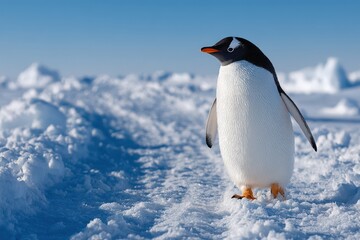 Obraz premium Gentoo penguin walking on snow under a clear blue sky in an Antarctic landscape during the daytime