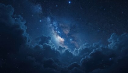 Fototapeta premium Illustration depicts deep blue space with scattered stars and nebulas. Celestial bodies in dark atmosphere, clouds. Amazing cosmic view, night sky, universe, cosmos. Milky way galaxy in the night.