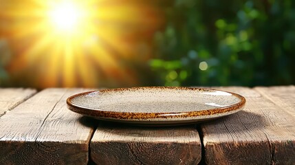 Obraz premium Empty Speckled Plate on Rustic Wooden Table Outdoors in Sunlight