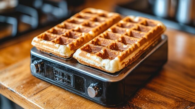 Freshly baked waffles on a waffle maker