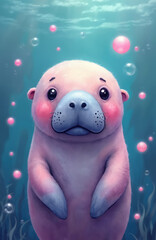 Adorable manatee illustration, front portrait with pink cheeks, big black eyes. Bubbles around cute sea animal. Watercolour art for kids book, nursery decor, marine life protection concept.