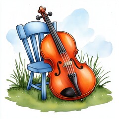 Watercolor Illustration of Orange Cello Leaning on a Blue Chair