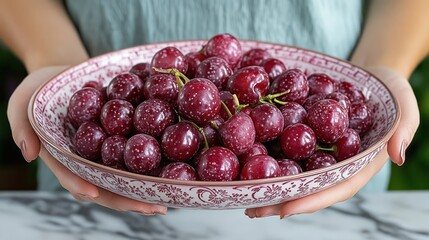Freshly picked red grapes in a decorative bowl
