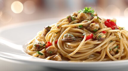 Spaghetti alle Vongole Italian pasta with clams with parsley, and tomatoes.