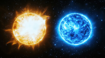Fototapeta premium digital rendering shows orange star and blue star set against backdrop of countless twinkling stars