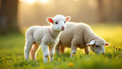 Obraz premium Lamb standing near mother sheep in green meadow. Spring rural atmosphere.