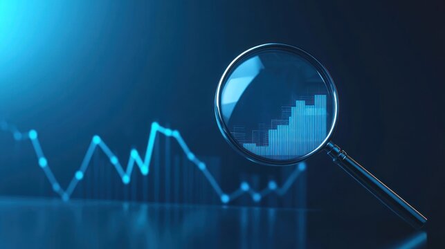 Magnifying glass focuses on a rising bar graph, contrasting a declining line graph. Data analysis concept