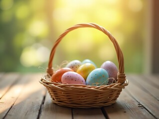 Easter eggs in basket on wooden table with sunlight