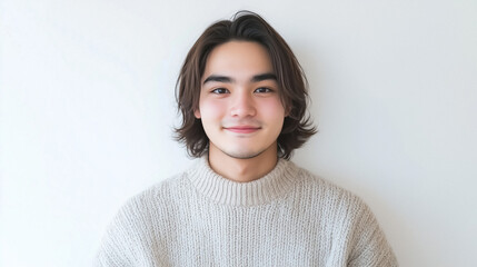 Fototapeta premium Portrait of young man with shoulder length hair wearing knitted sweater against white background