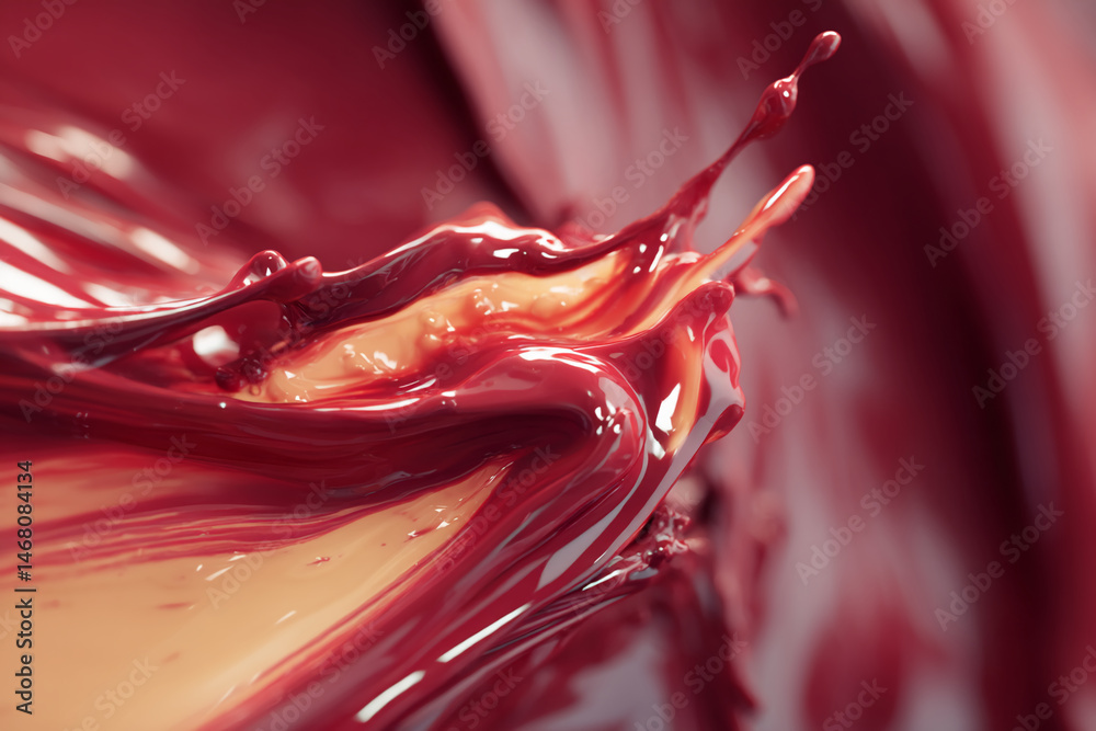 Poster Close-up of red and beige liquid texture, swirling and splashing, creating dynamic, abstract shapes, suggesting movement and fluidity, ideal for design backgrounds