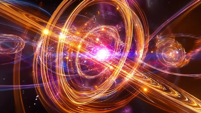 Abstract swirling orange, purple, and white light trails against a black background