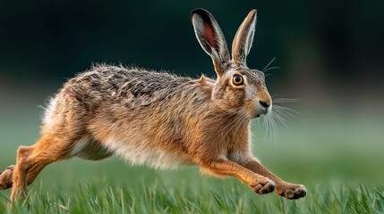 Fototapeta premium Hare leaping field, blurred background, wildlife nature
