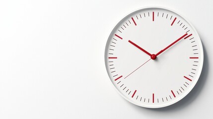 A white clock with red numbers and hands.