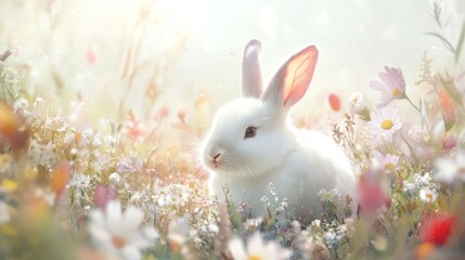 Adorable White Bunny in a Sunny Meadow of Flowers