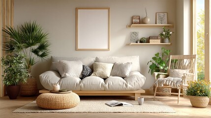 Cozy Living Room with Soft Sofa, Plants, and Natural Light