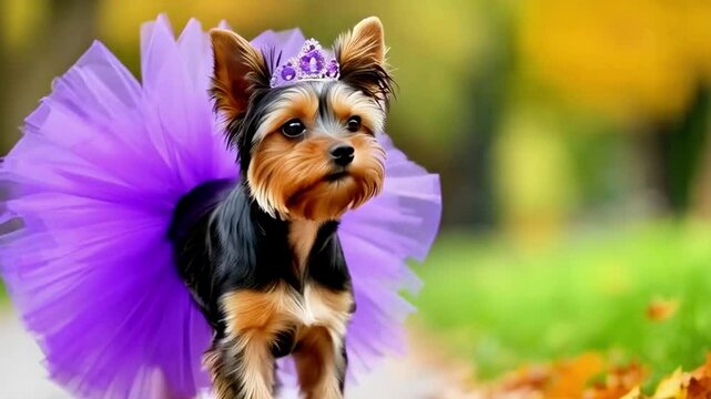 Adorable yorkie in purple tutu strolling through autumn park with grace and charm