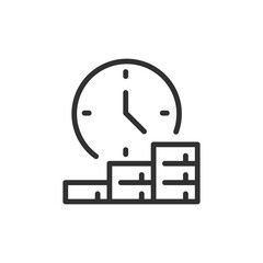 Clock and coins, linear icon. Time is money and financial productivity. Line with editable stroke.