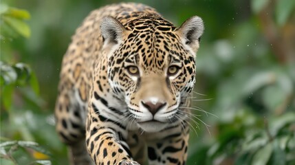 Obraz premium Jaguar stalking in rainforest, close-up