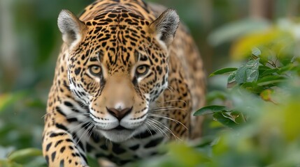 Fototapeta premium Jaguar stalking prey in rainforest, lush foliage