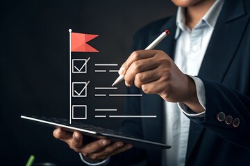 Business success and goal achievement steps. Businessman drawing checkmarks on virtual staircase steps toward achieving goals, ending with red flag as success marker. Planning, progress, goal setting,