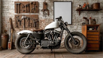Custom Motorcycle in Vintage Workshop Surrounded by Tools and Decor