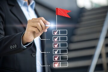 Business success and goal achievement steps. Businessman drawing checkmarks on virtual staircase steps toward achieving goals, ending with red flag as success marker. Planning, progress, goal setting,
