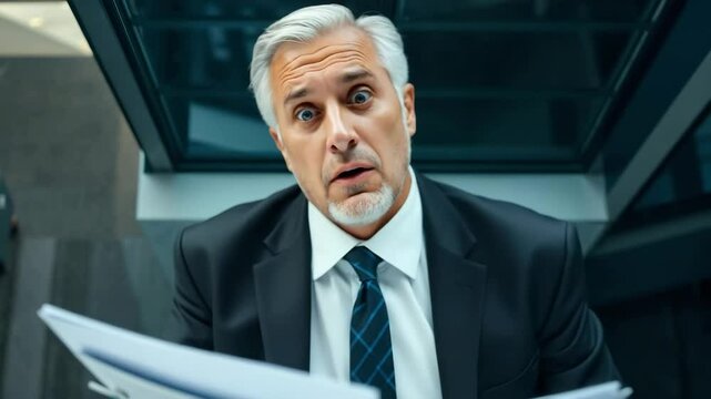Senior businessman reacting with surprise to content in documents

