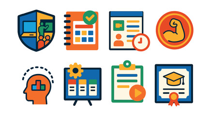 Flat vector icons of hybrid and flexible education: hybrid classroom model badge, blended learning planner, online and in-person class schedule, flexible study hours badge, customized learning