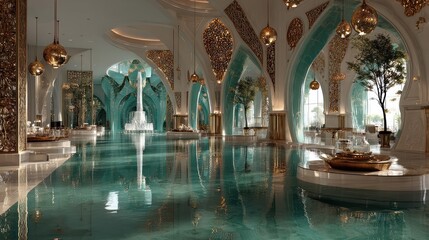 Luxurious indoor pool, ornate palace, teal water, background city view, resort brochure