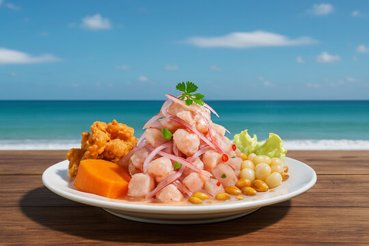 Plate of Peruvian ceviche on a table at the beach