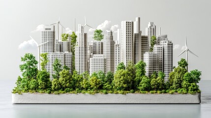 Fototapeta premium A paper cut cityscape of an eco city is designed with modern 3d wavy layered borders, incorporating green energy skyscraper buildings, trees, clouds, and wind turbines to represent ecology and