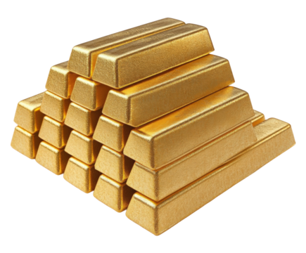 Gold bars stacked in warehouse business finance concept industrial isolated on transparent background