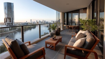 Obraz premium Luxury balcony sunrise city view apartment relaxation
