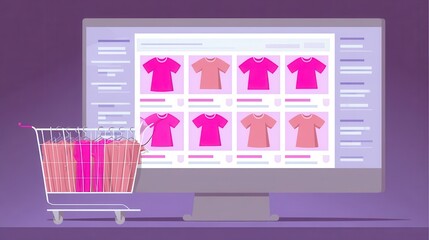 Online shopping cart filled with pink shirts on a computer screen.