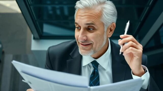 Mature businessman smiling while reading documents