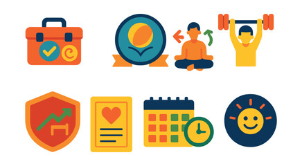 Flat vector icons of emotional resilience: coping strategies toolbox, bounce-back plan badge, emotional flexibility training, mental toughness exercises icon, overcoming setbacks badge, resilience