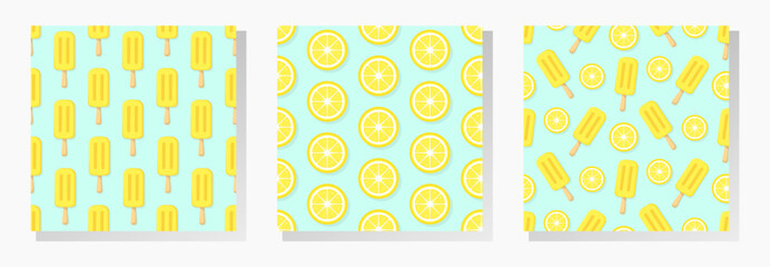 Lemon ice cream vector seamless patterns collection. Set of yellow eskimo and slices of lemon on turquoise background.