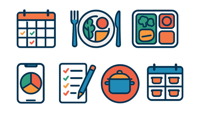 Flat vector icons of meal planning: weekly meal planner badge, balanced plate setup, meal prep container icon, portion control guide, colorful plate nutrition app, shopping list for healthy meals,