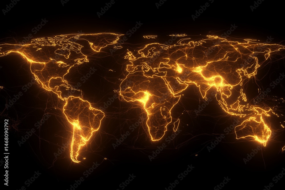 Poster Futuristic world map with glowing orange outlines and connected nodes on dark background in digital grid style, Generative AI